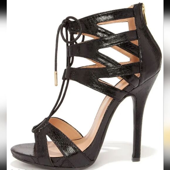 WILD DIVA LOUNGS GIVE ME  FEVER BLACK SNAKESKIN LACE-UP HEELS SANDAL - Picture 2 of 13
